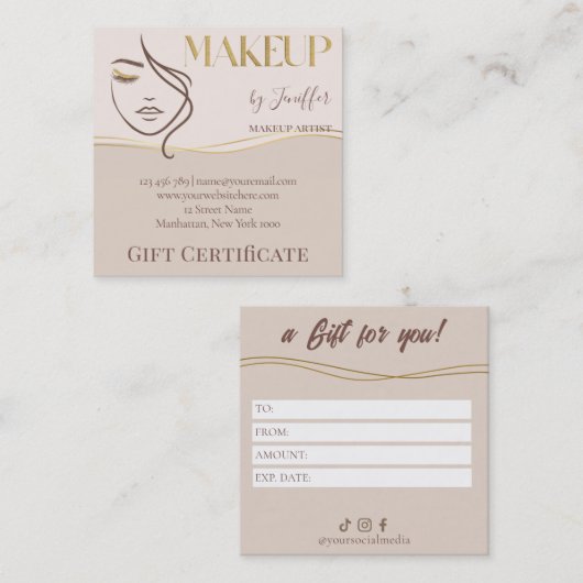 Elegant Beige & Gold Makeup Gift Certificate Card ロイヤリティカード (正面/裏面)