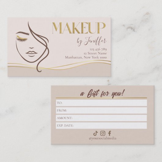 Elegant Beige & Gold Makeup Gift Certificate Card ロイヤリティカード (正面/裏面)