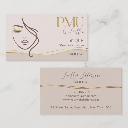 Elegant Beige & Gold PMU Bussines card 名刺 (正面/裏面)