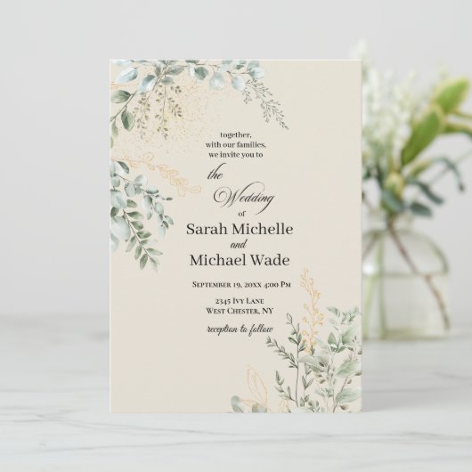 Elegant Beige Greenery Wedding Invitation 招待状 (スタンド正面)