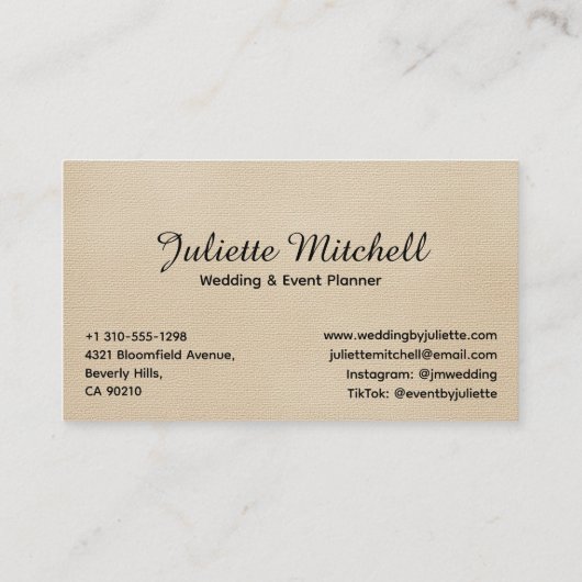 Elegant Beige Linen Event & Wedding Planner Card 名刺 (裏面)