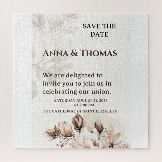 Elegant Beige Magnolia Save The Date Card ジグソーパズル (縦)