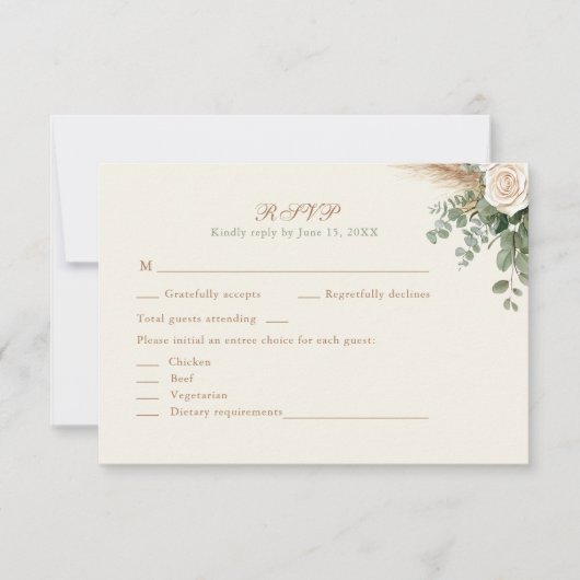 Elegant Beige Pampas Grass & Rose Wedding RSVP (正面)