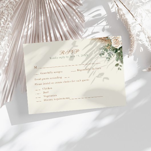 Elegant Beige Pampas Grass & Rose Wedding RSVP