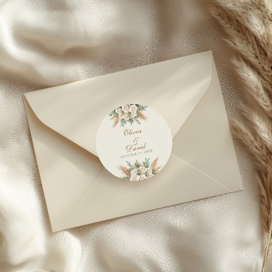 Elegant Beige Pampas Grass Wedding Sticker ラウンドシール