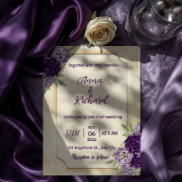 Elegant Beige & Purple Floral Wedding Invitation  招待状