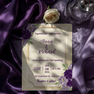 Elegant Beige & Purple Floral Wedding Invitation 招待状