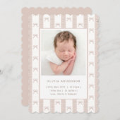 Elegant Beige Ribbon Bow Girl Birth Announcement 案内状 (正面/裏面)