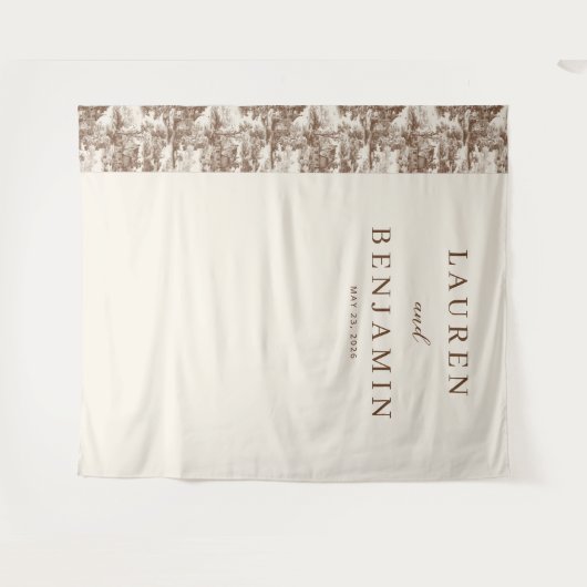 Elegant Beige Tree and House Border タペストリー (正面(横))