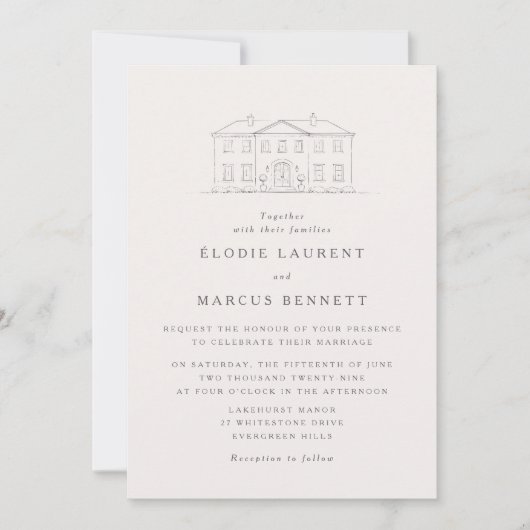 Elegant Beige Venue Sketch Wedding Invitation 招待状 (正面)