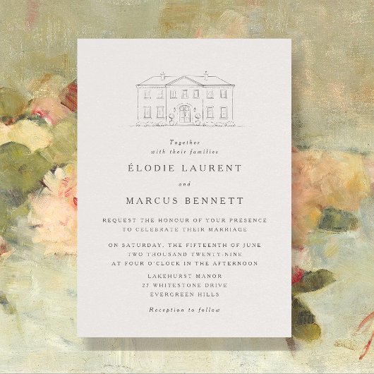 Elegant Beige Venue Sketch Wedding Invitation 招待状