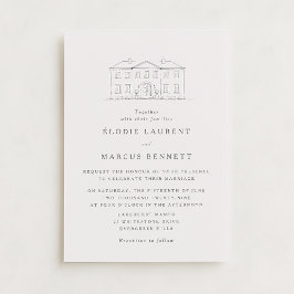 Elegant Beige Venue Sketch Wedding Invitation 招待状