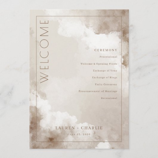 Elegant Beige Watercolor Wedding Ceremony Schedule プログラム (正面)