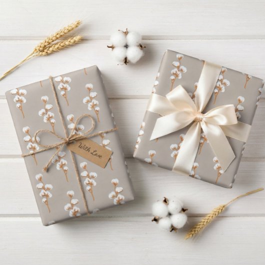 Elegant Beige Wrapping Paper with Cotton Branch ラッピングペーパー