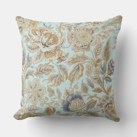 Elegant,Beigie Gold Soft Blue Flowers Pattern クッション (正面)