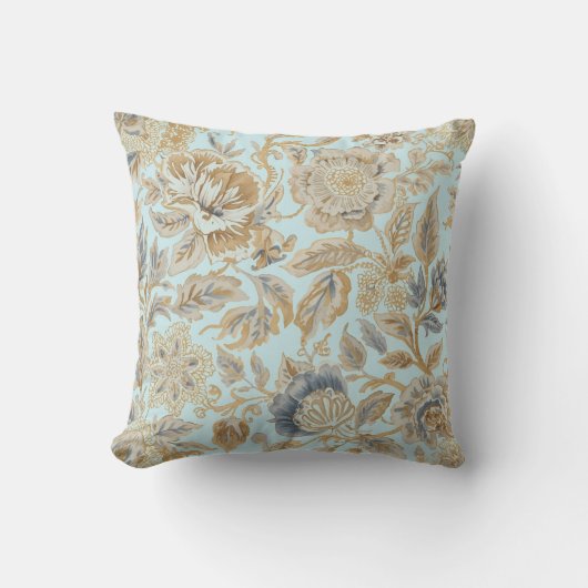 Elegant,Beigie Gold Soft Blue Flowers Pattern クッション (正面)