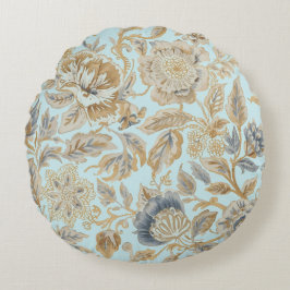 Elegant,Beigie Gold Soft Blue Flowers Pattern ラウンドクッション