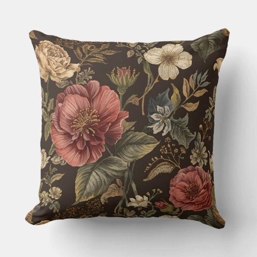 Elegant, Beigie Maroon Brown Flowers Pattern クッション (正面)