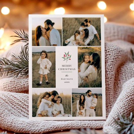 Elegant Berry Botanical Christmas 6 Photo Collage シーズンカード
