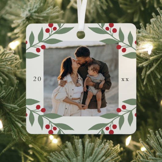 Elegant Berry Botanical Photo Christmas Holiday メタルオーナメント (インサイチュ)