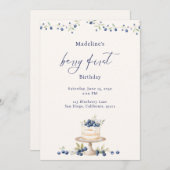 Elegant Berry First Blueberry Birthday Cake 招待状 (正面/裏面)