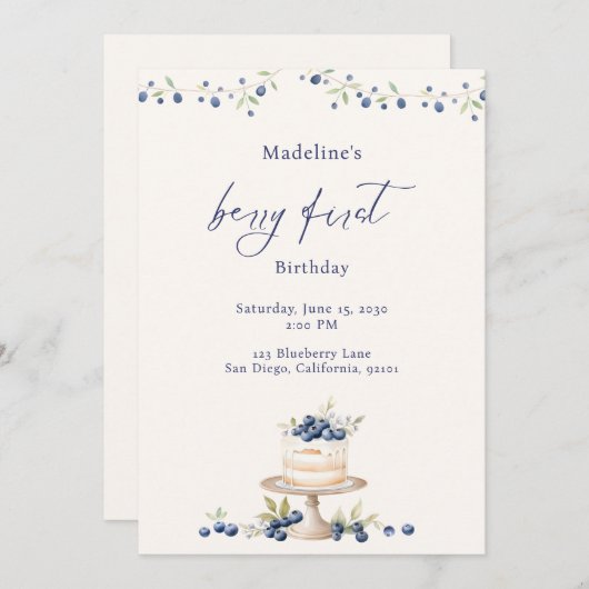 Elegant Berry First Blueberry Birthday Cake 招待状 (正面/裏面)