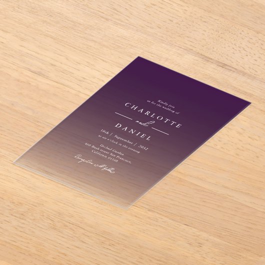 Elegant Berry Violet Gradient Acrylic Wedding アクリル招待状 (レイダウン)