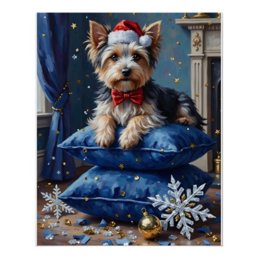 Elegant Biewer Terrier Dog Velvet Christmas ポスター (正面)