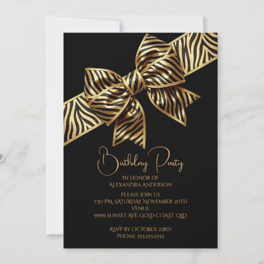 Elegant Birthday Black Gold Wild Zebra Stripe Bow 招待状 (正面)