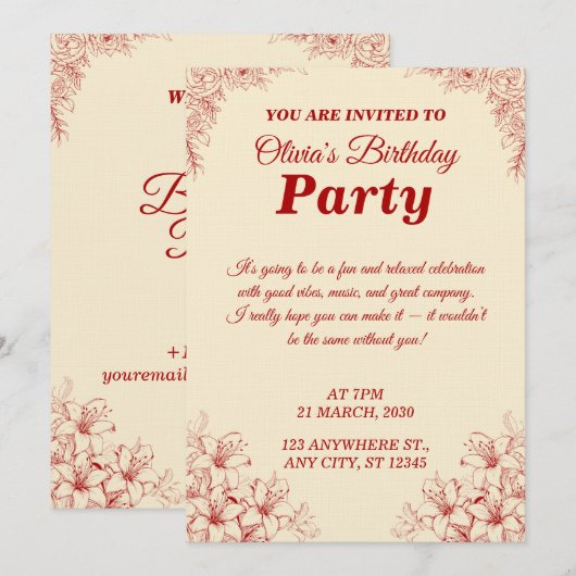 Elegant Birthday Invitation Card – Custom Floral D 招待状 (正面/裏面)