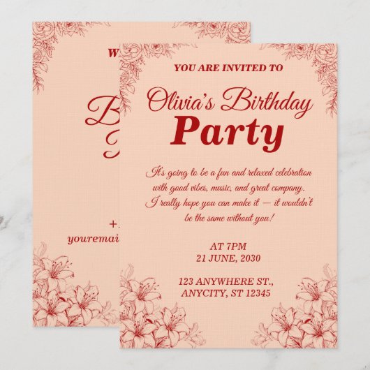 Elegant Birthday Invitation Card – Floral Design 招待状 (正面/裏面)