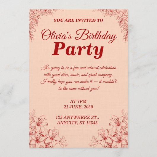 Elegant Birthday Invitation Card – Floral Design 招待状 (正面)