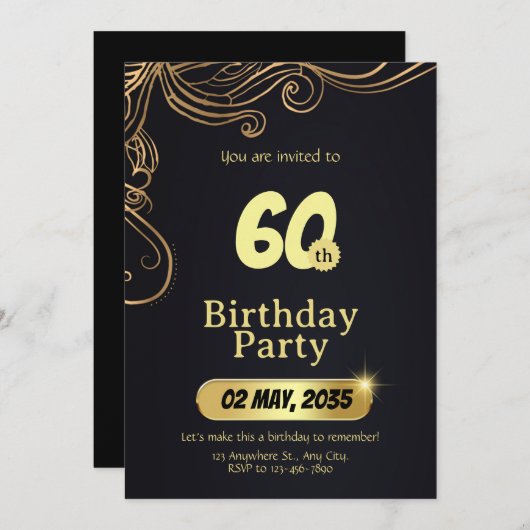 Elegant birthday invitation template 60th birthday 招待状 (正面/裏面)