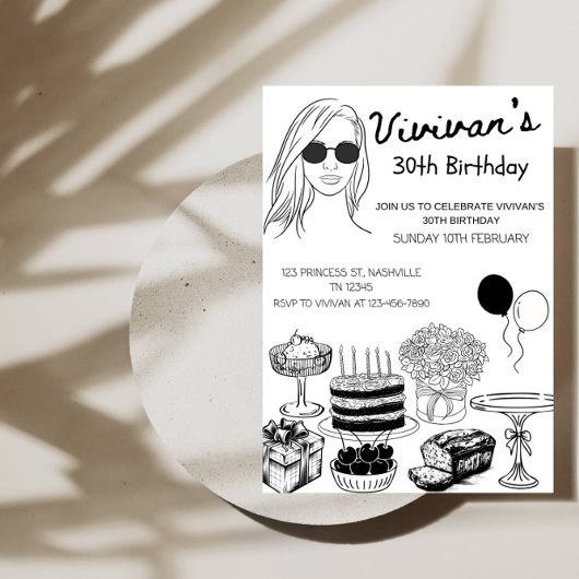 Elegant Birthday Line Art Girl’s Birthday Party 招待状