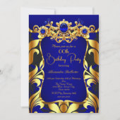 Elegant Birthday Party Blue Gold Black Damask Gems 招待状 (正面)