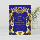 Elegant Birthday Party Blue Gold Black Damask Gems 招待状 (スタンド正面)
