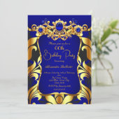 Elegant Birthday Party Blue Gold Black Damask Gems 招待状 (スタンド正面)