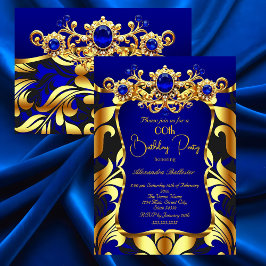Elegant Birthday Party Blue Gold Black Damask Gems 招待状