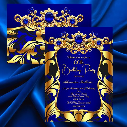 Elegant Birthday Party Blue Gold Black Damask Gems 招待状
