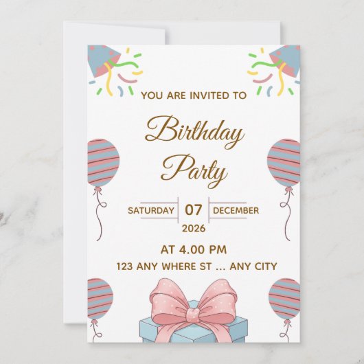 Elegant Birthday Party Invitation with Balloons 招待状 (正面)