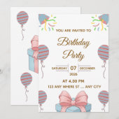 Elegant Birthday Party Invitation with Balloons 招待状 (正面/裏面)