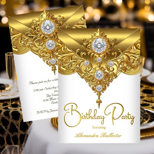 Elegant Birthday Party Ornate White Gold Diamond 招待状