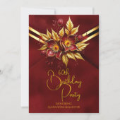 Elegant Birthday Party Red Floral Faux Velvet Gold 招待状 (正面)
