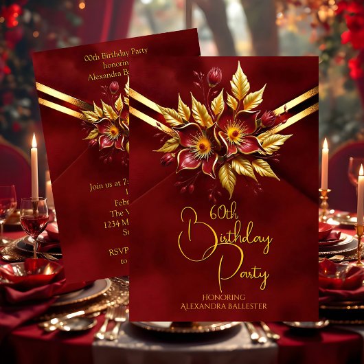 Elegant Birthday Party Red Floral Faux Velvet Gold 招待状