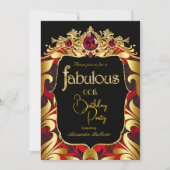 Elegant Birthday Party Red Gold Black Damask Gems 招待状 (正面)