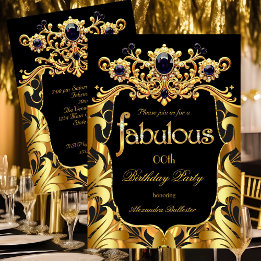 Elegant Birthday Party Silk Gold Black Damask Gems 招待状