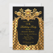Elegant Birthday Party Silk Gold Black Polka Dots 招待状 (正面)