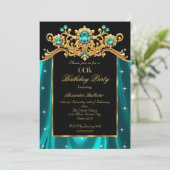 Elegant Birthday Party Teal Blue Silk Gold Gems 招待状 (スタンド正面)