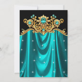 Elegant Birthday Party Teal Blue Silk Gold Gems 招待状 (裏面)