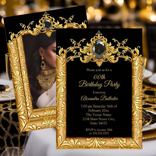 Elegant Birthday Photo Black Gold Golden Damask 招待状